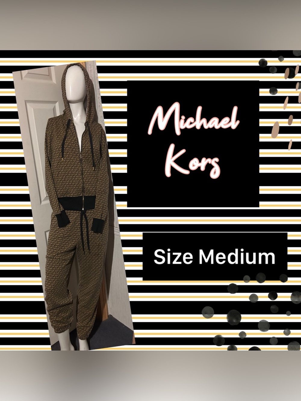 Michael Kors Black/Tan Patterned Hooded Jumpsuit with Black Accents
